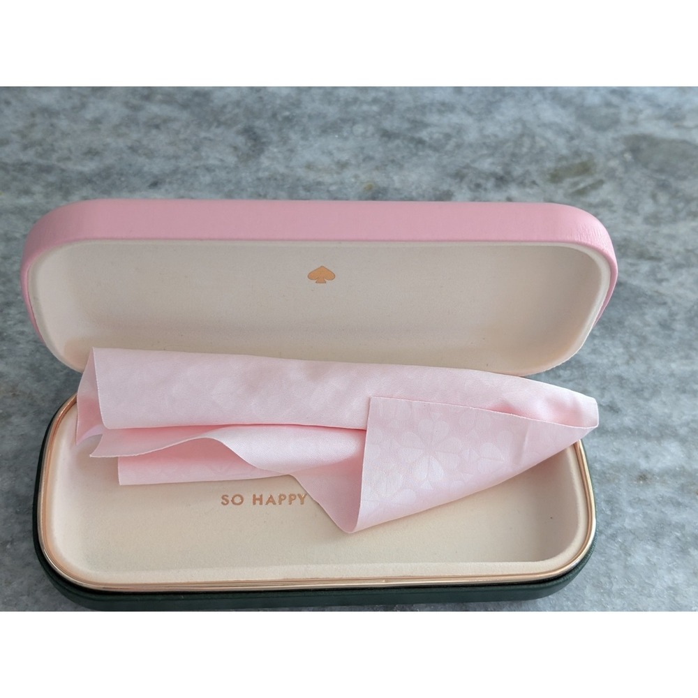 Kate Spade New York pink and green hard eyeglass case with cleaning cloth